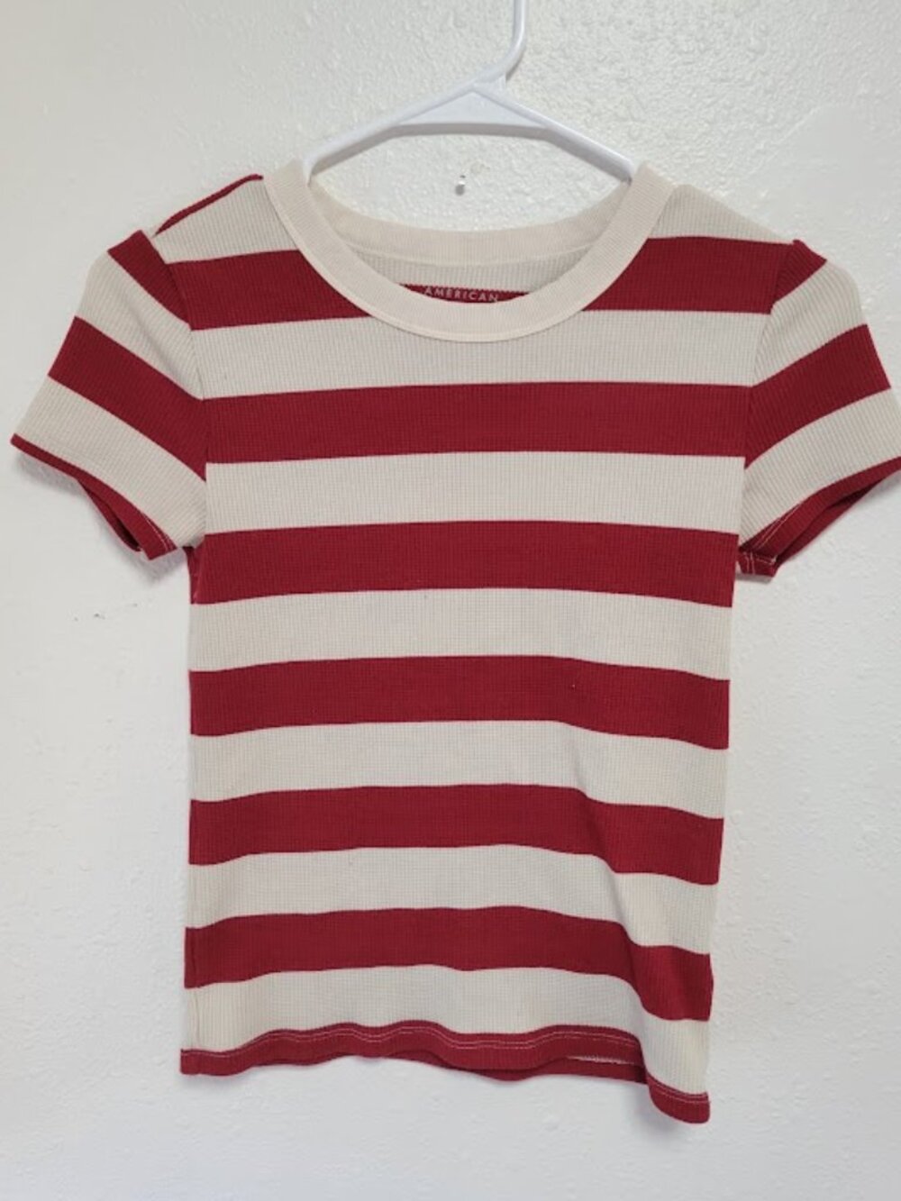 American Eagle Ribbed Stripe T-Shirt Women's XS Red White Short Sleeve